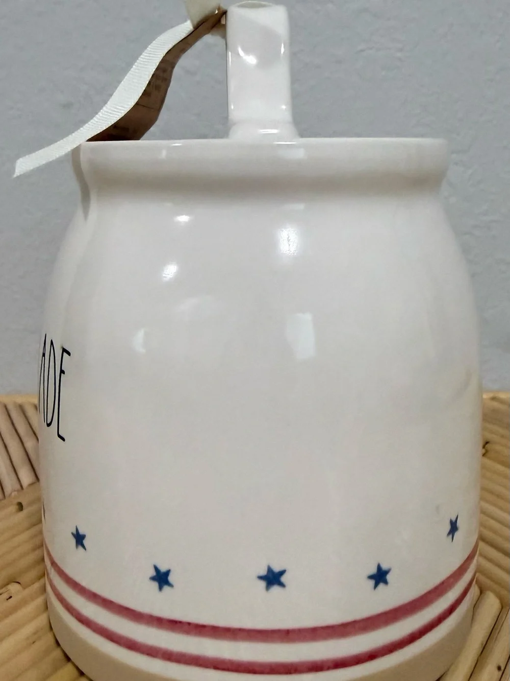 Rae Dunn  HOMEMADE Ceramic Canister Patriotic Red Stripes Blue Stars Lid 16 oz